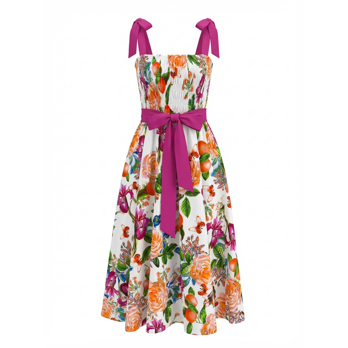 TANGERINE BLOOM Smocked Midi Dress