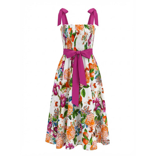 TANGERINE BLOOM Smocked Midi Dress