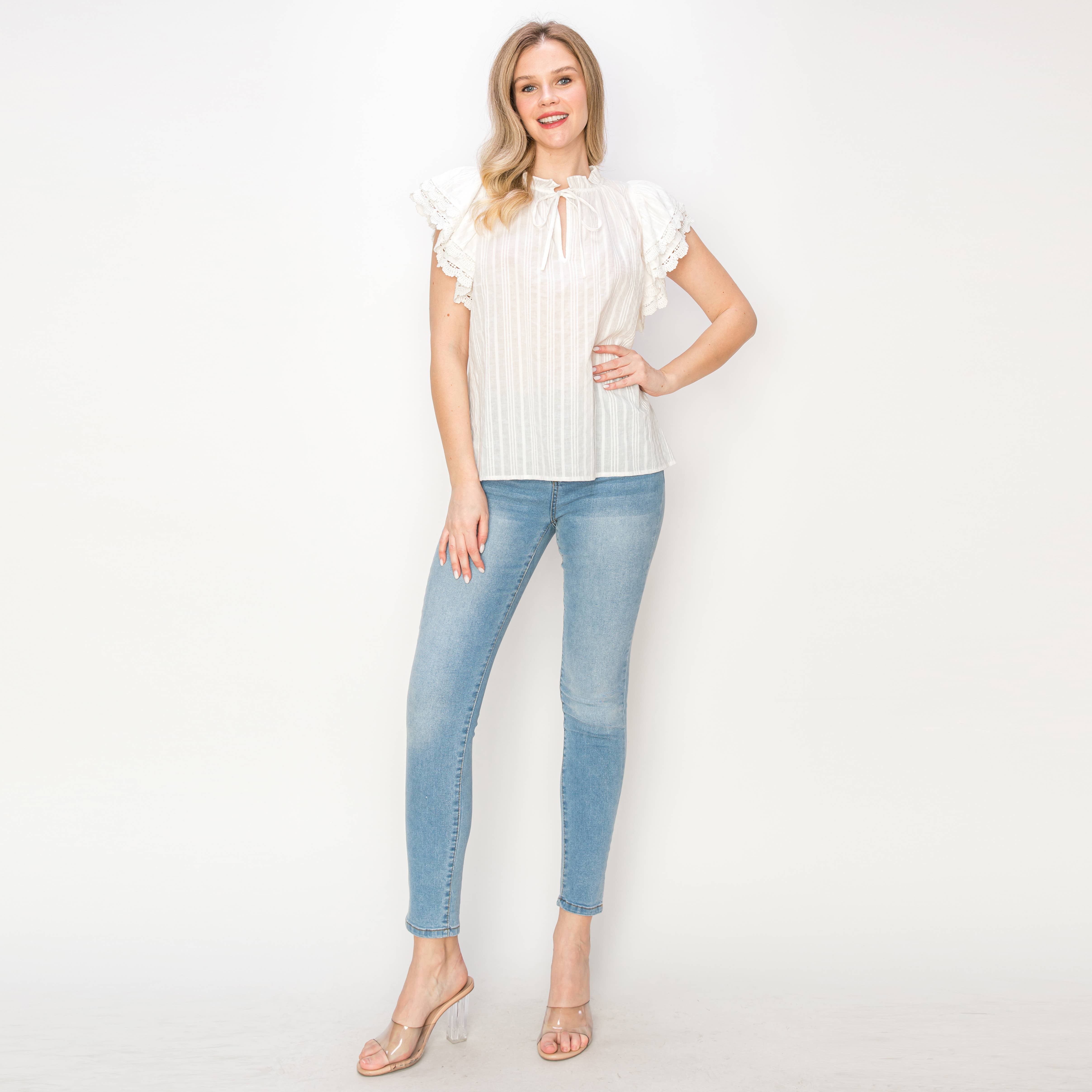 Cotton JQD eyelet blouse with lace trim detail