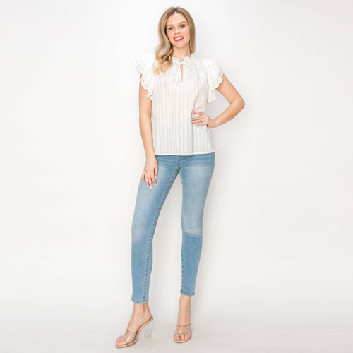 Cotton JQD eyelet blouse with lace trim detail