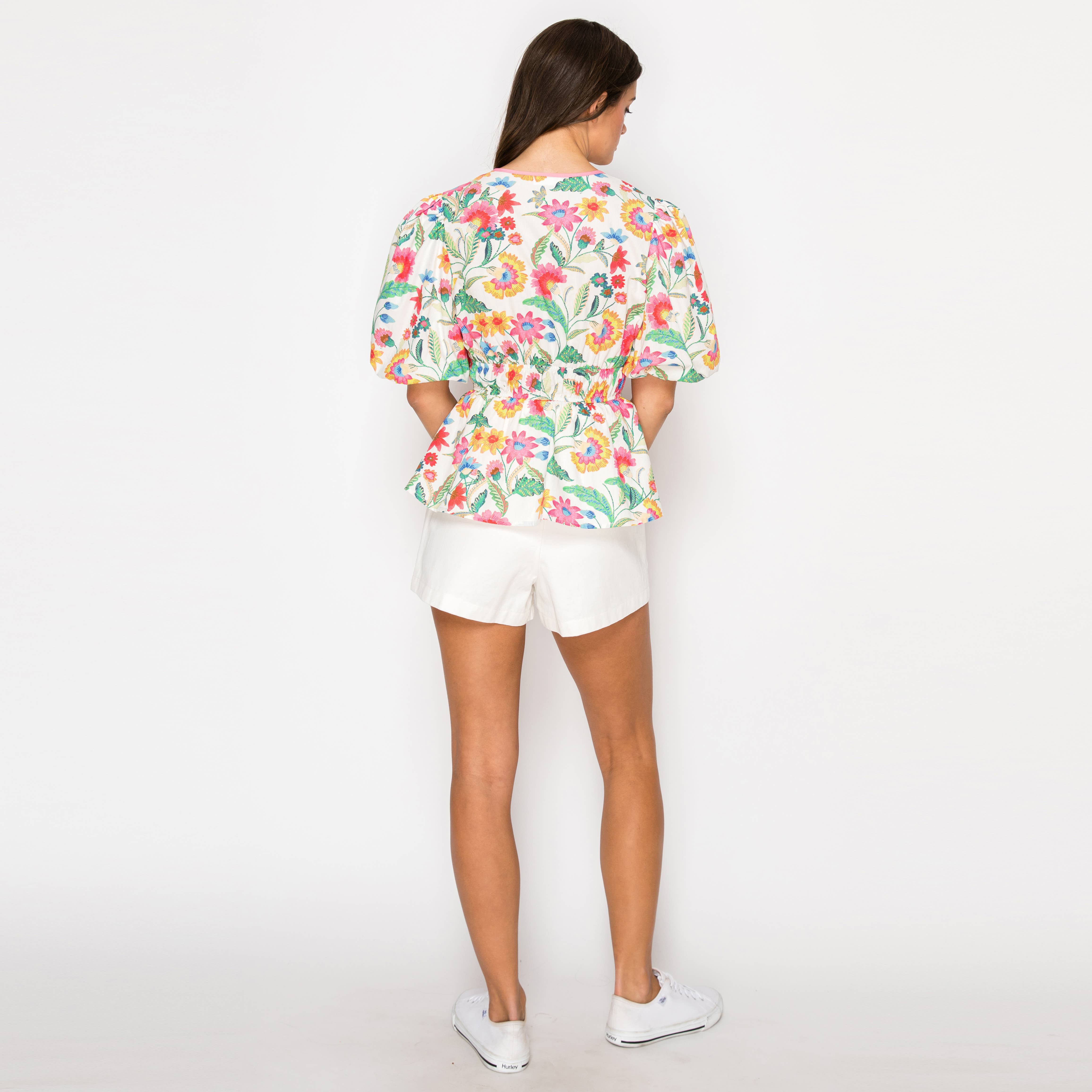 Summer Jacobean Flower Print Top with Bow tie