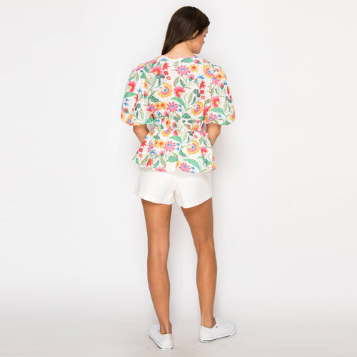 Summer Jacobean Flower Print Top with Bow tie