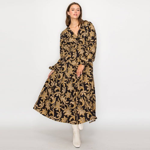 Rich Black & Gold Paisley Print Midi Dress