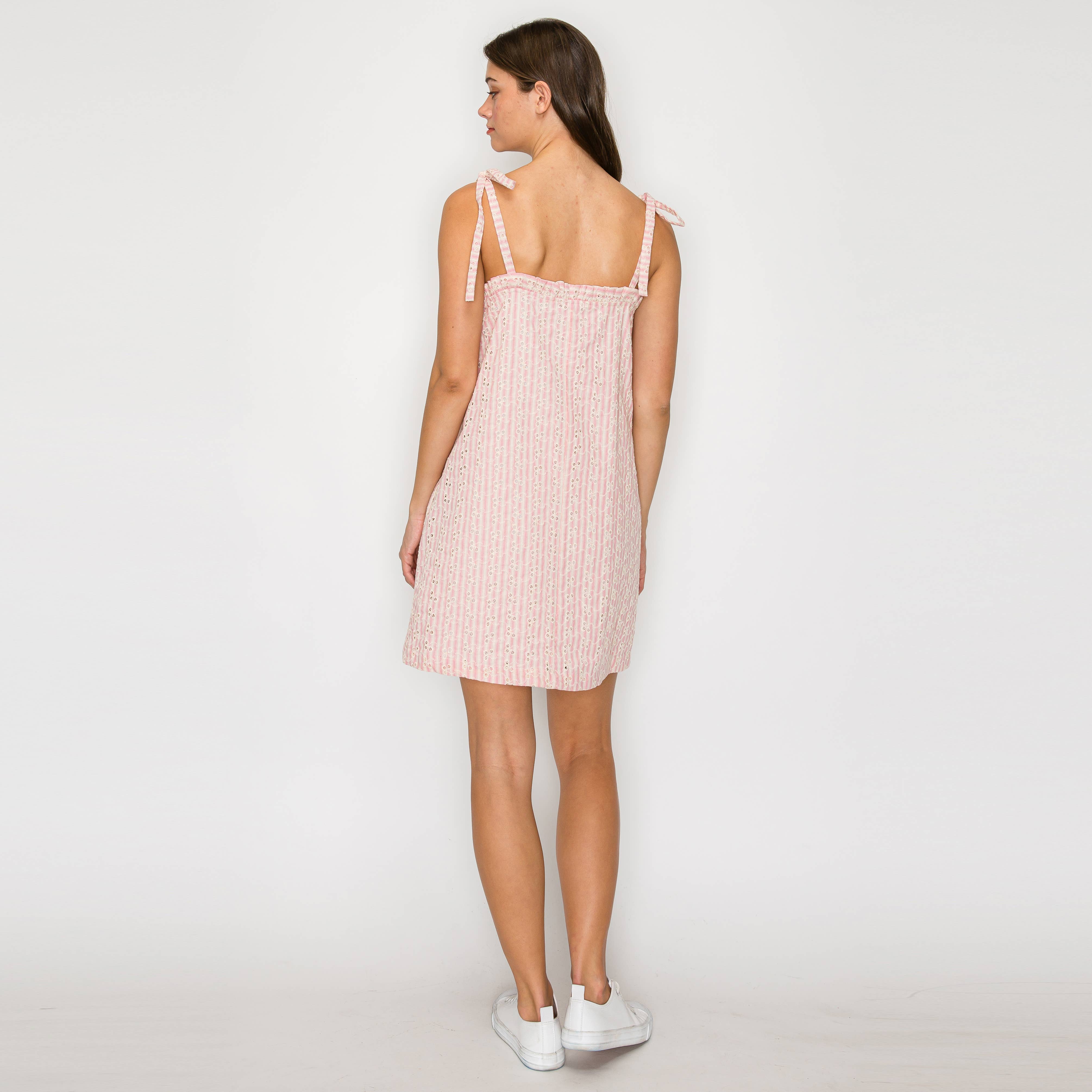 Soft Pink Stripe w/ Embroidery Mini Dress w/ Ruffle -LWD2843