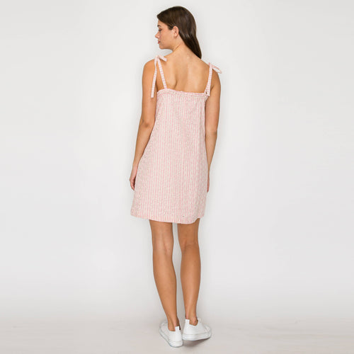 Soft Pink Stripe w/ Embroidery Mini Dress w/ Ruffle -LWD2843