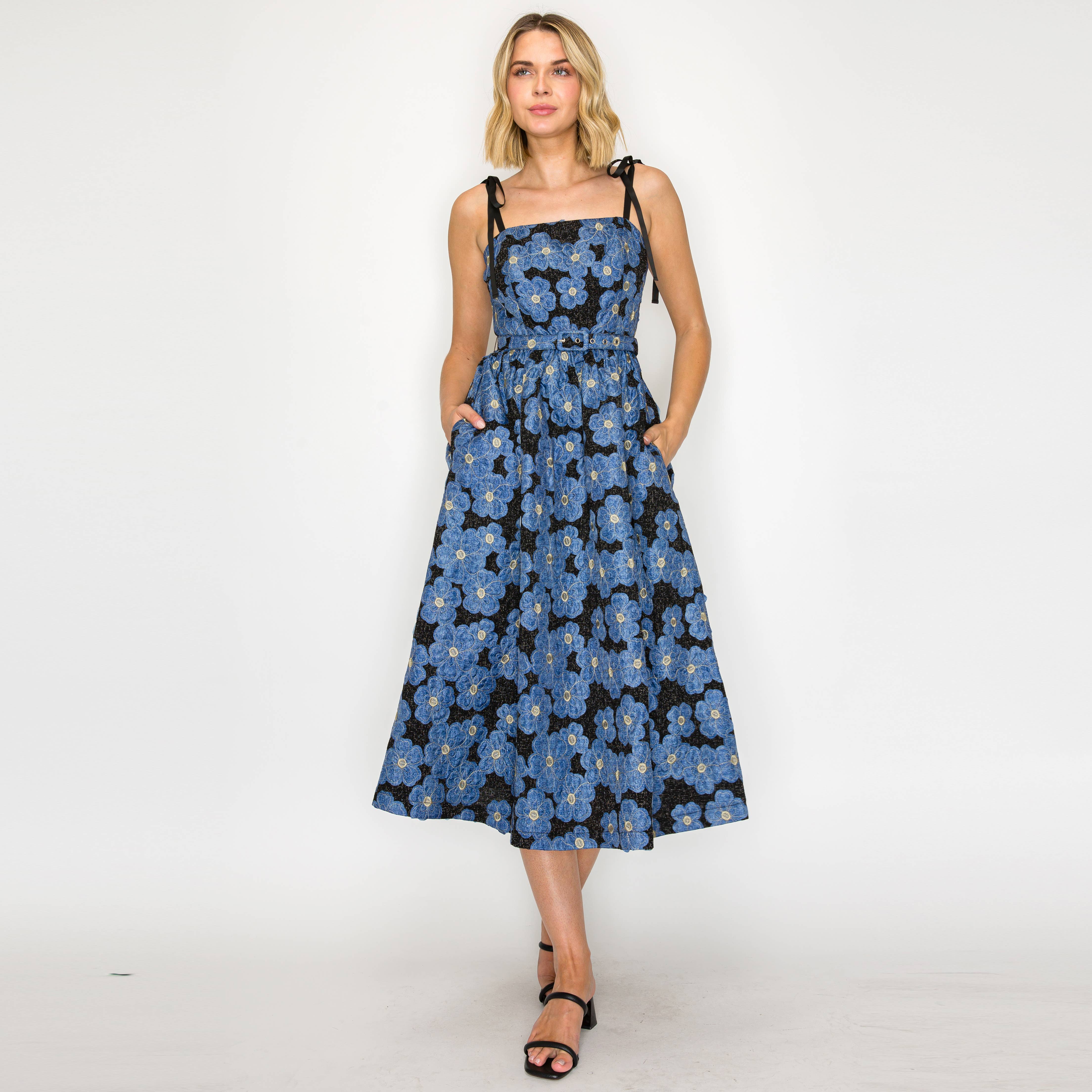 Denim Flower Jacquard Midi Dress with Flower patch