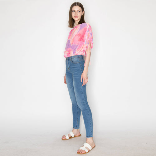 Abstract print shoulder shirring detail top