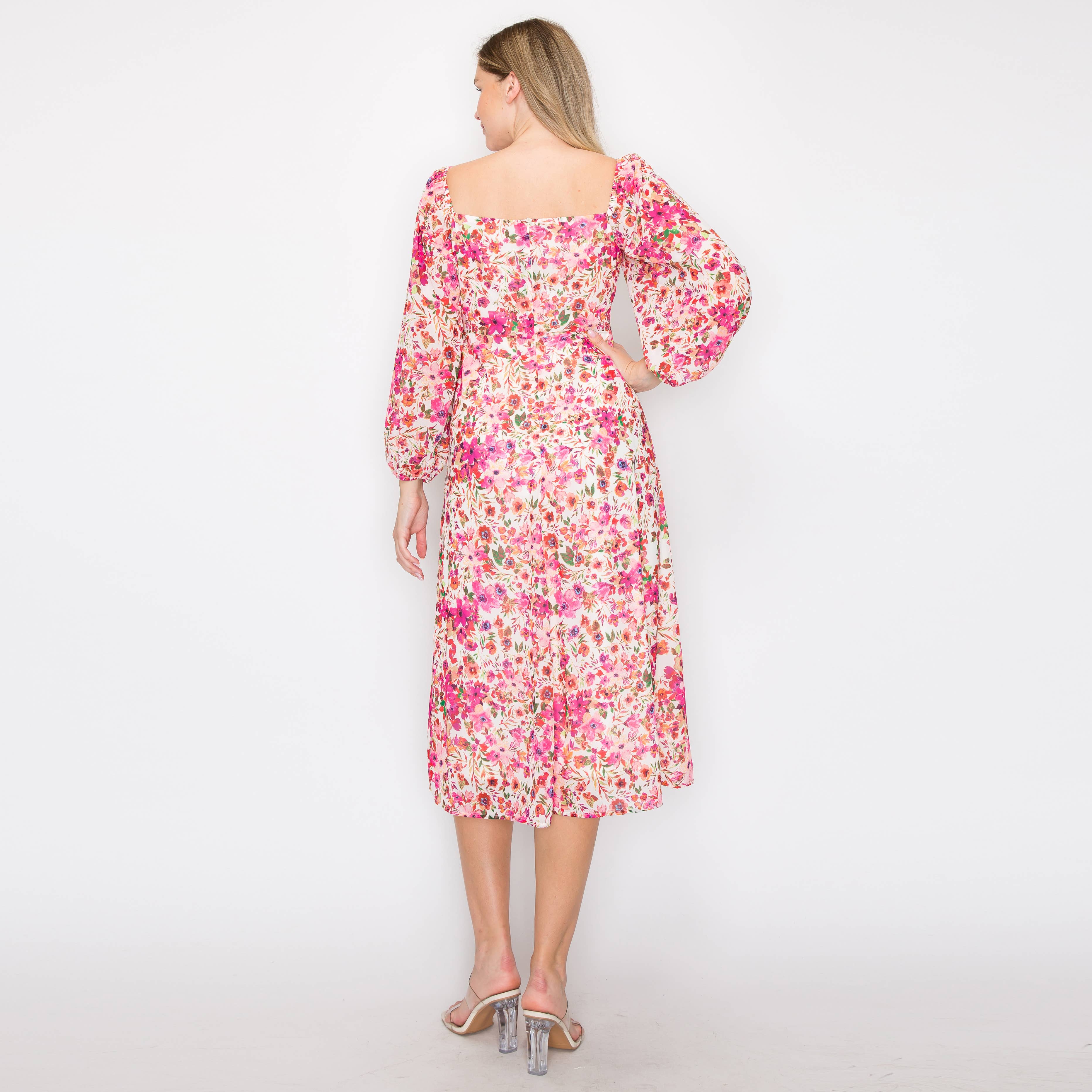 Print straight midi dress with 3/4 sleeves