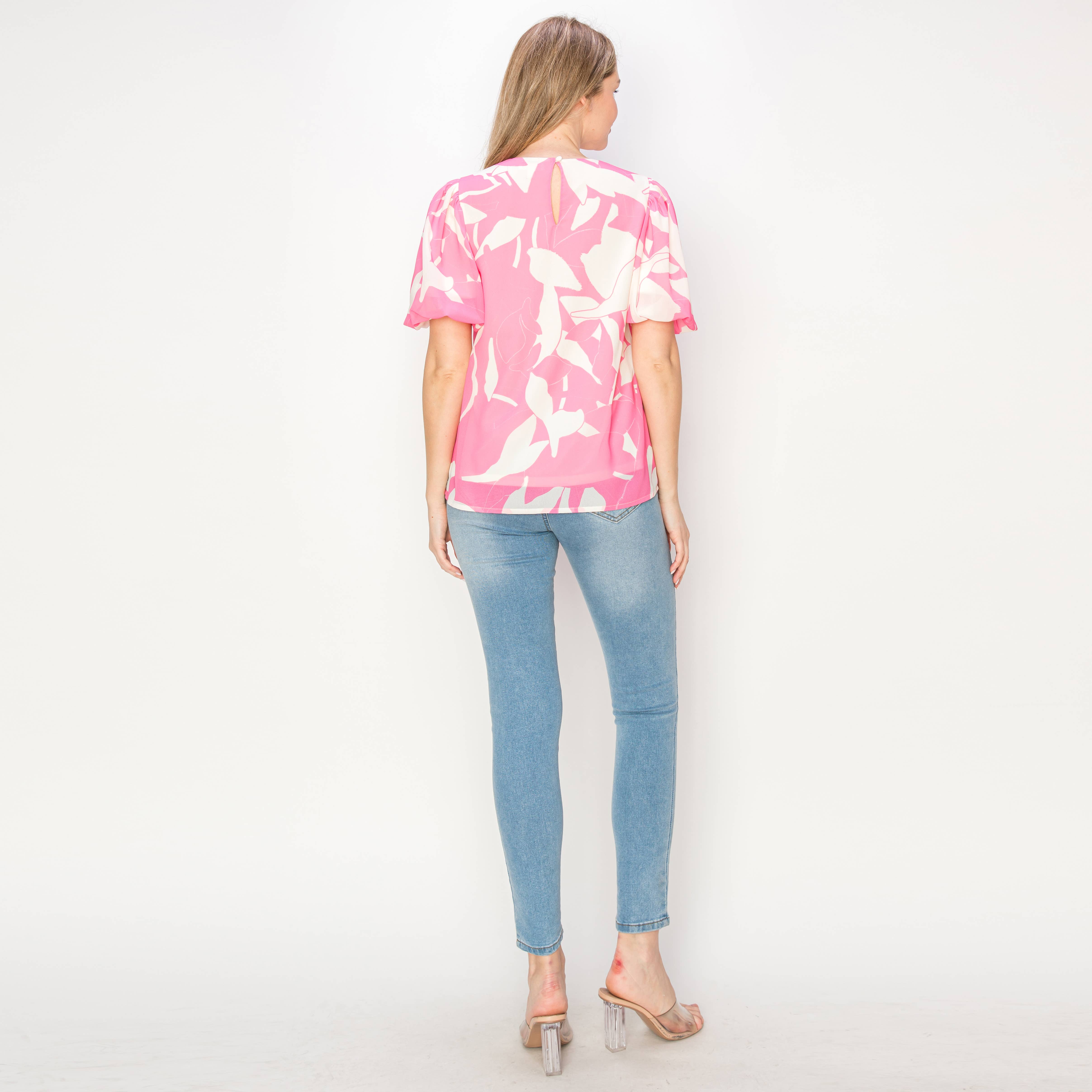 Print woven top with bubble sleeves