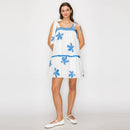 Blue Leaves Embroidery Mini Dress with Shoulder Tie- LWD2959