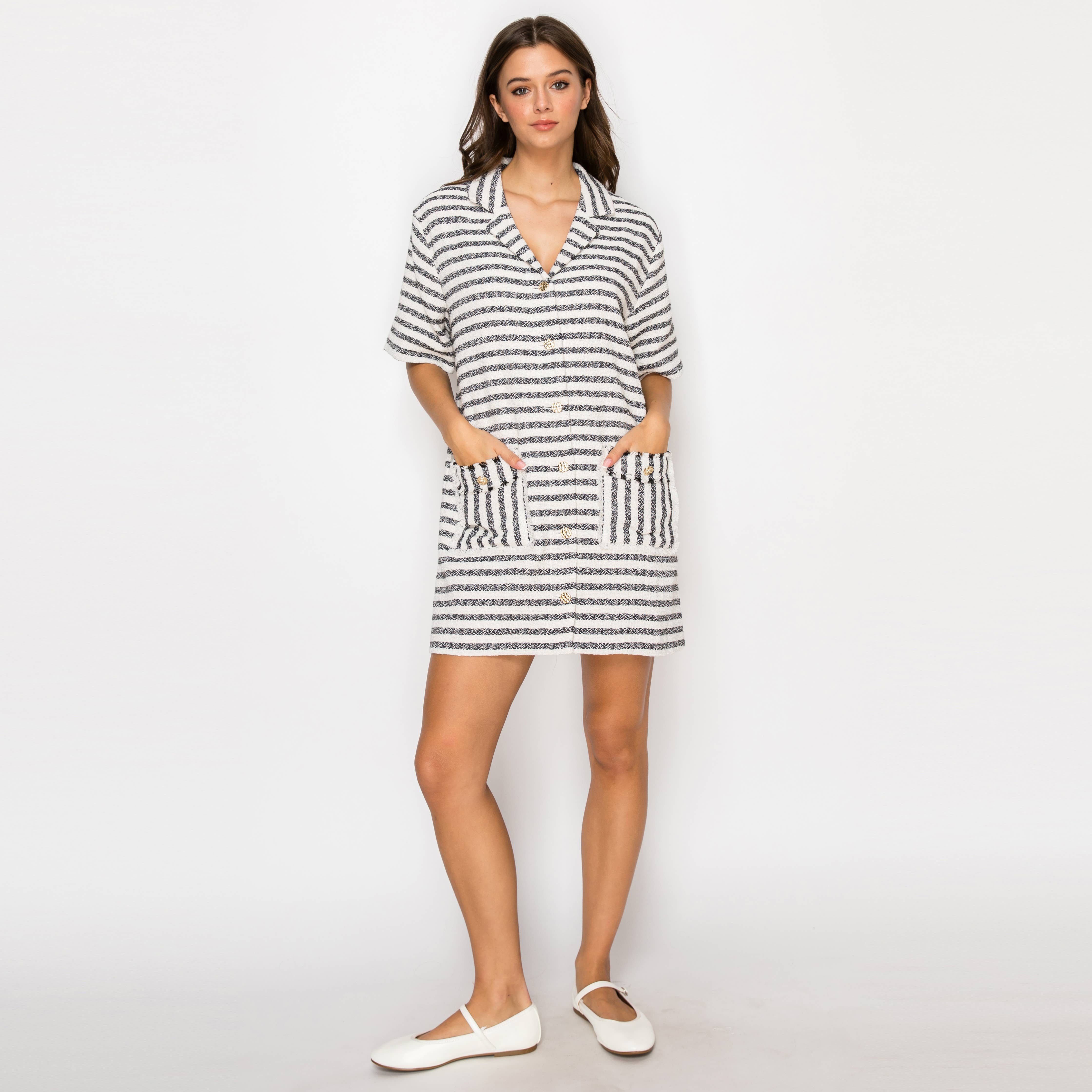 Black & White Stripe French Boucle Shirts Mini Dress