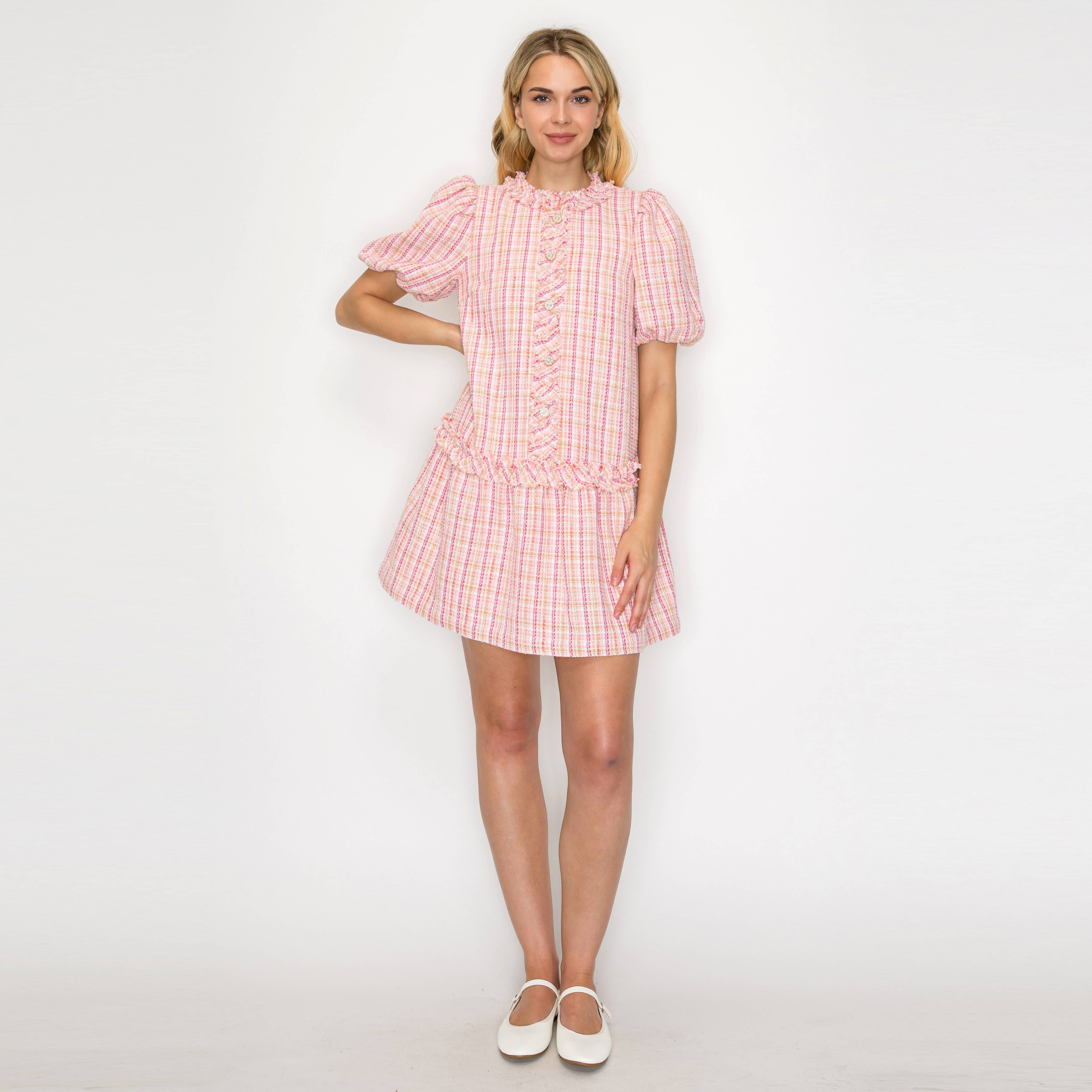 Charlotte Light Pink Boucle Mini Dress Puff Sleeves