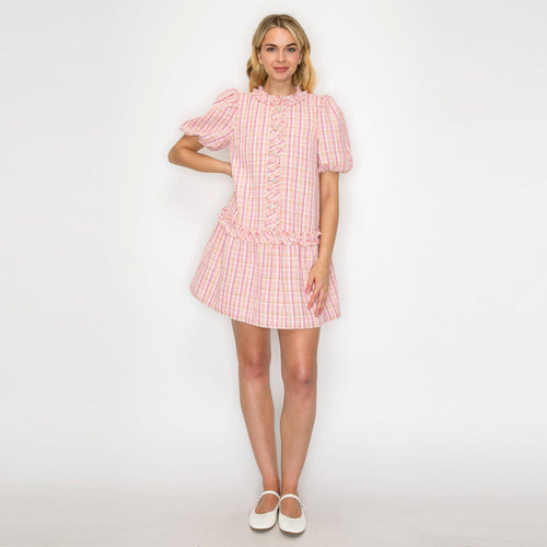 Charlotte Light Pink Boucle Mini Dress Puff Sleeves -LWD2879