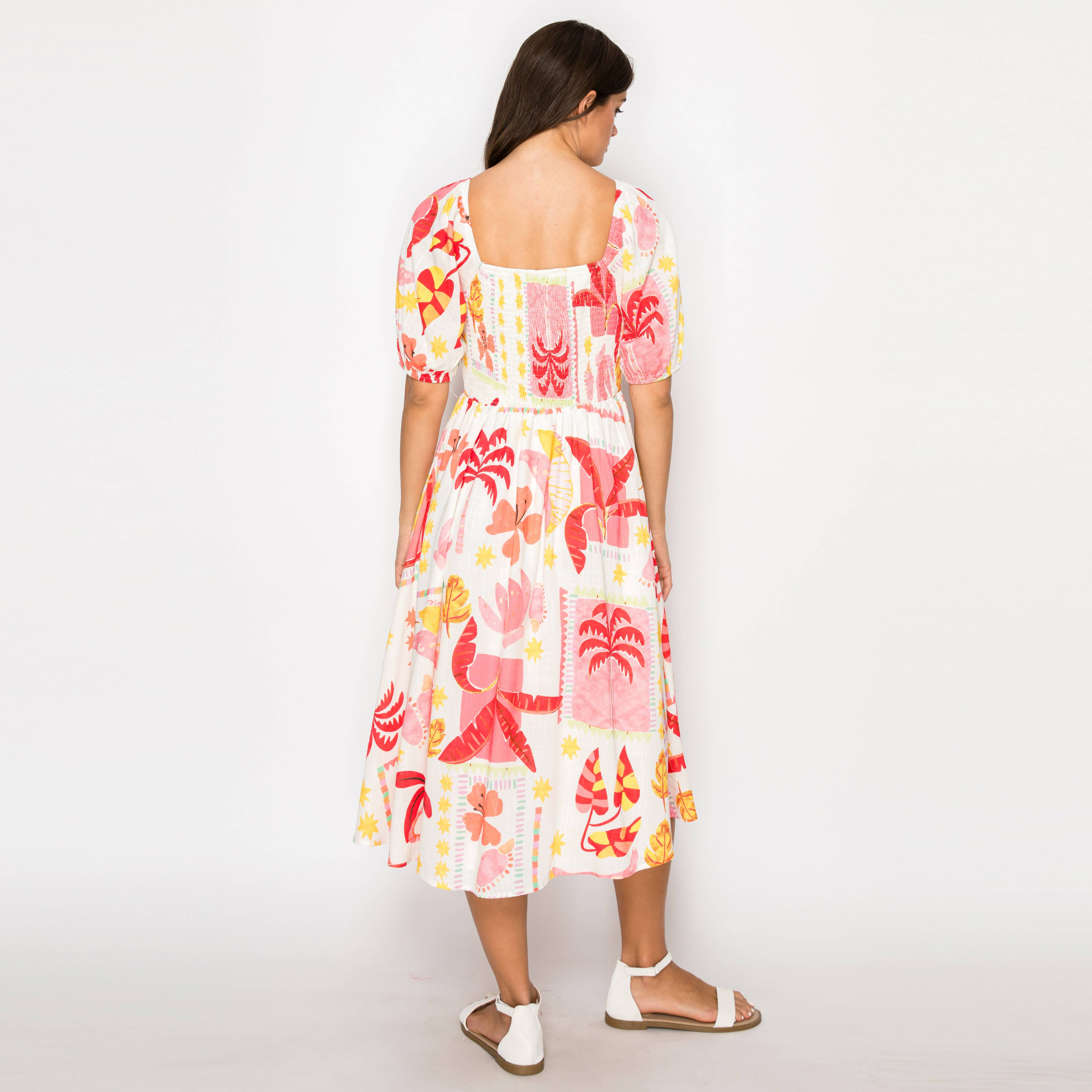 Pink Banana Retro Tropical Print Midi Dress