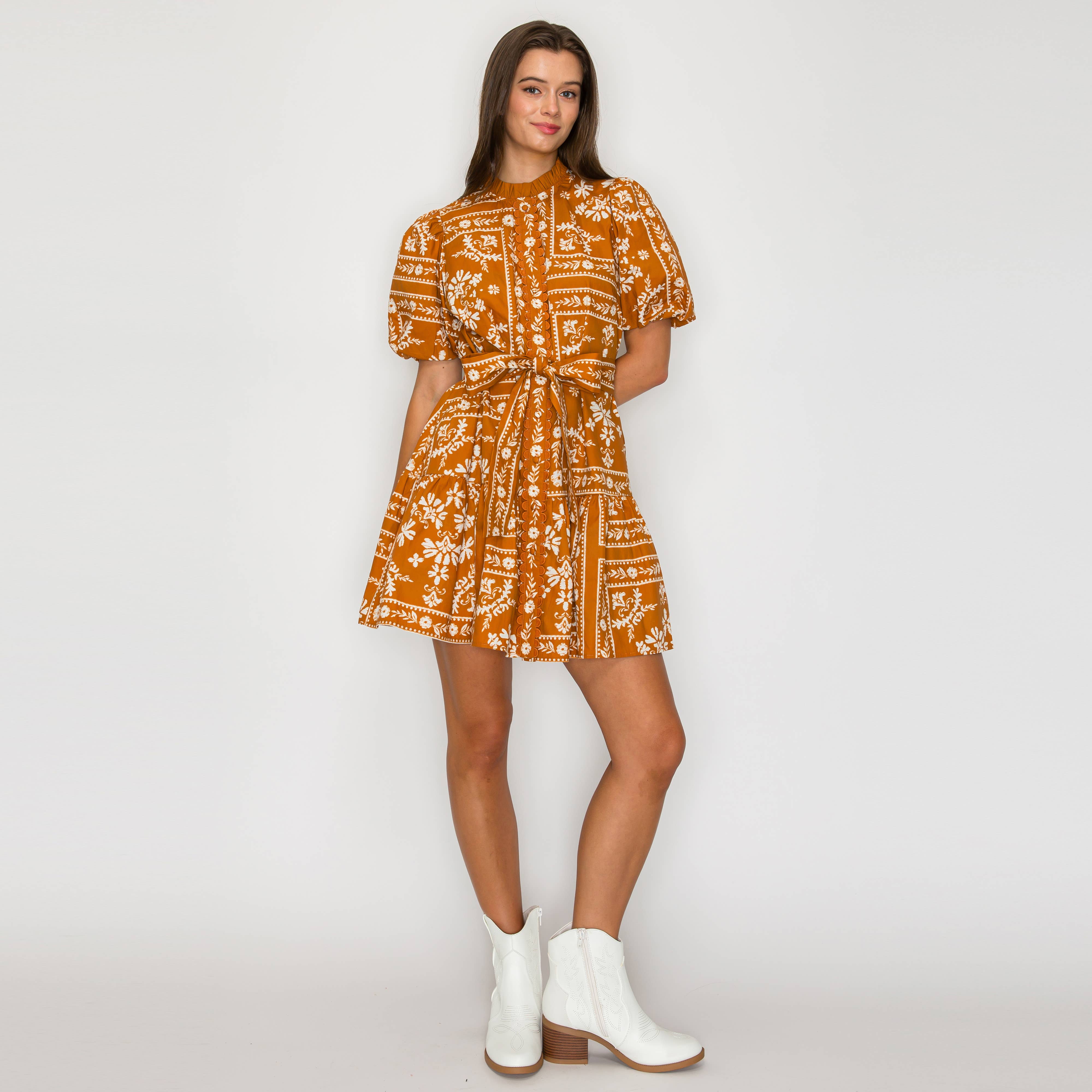 Caramel Bandana Print Cotton Mini Dress