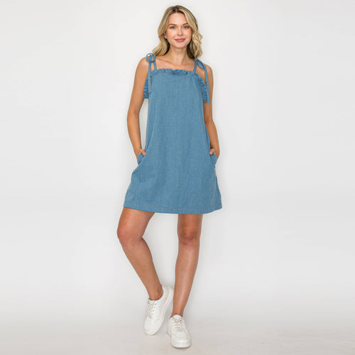 Ruffle Detail Mini Shift Dress with Shoulder Tie
