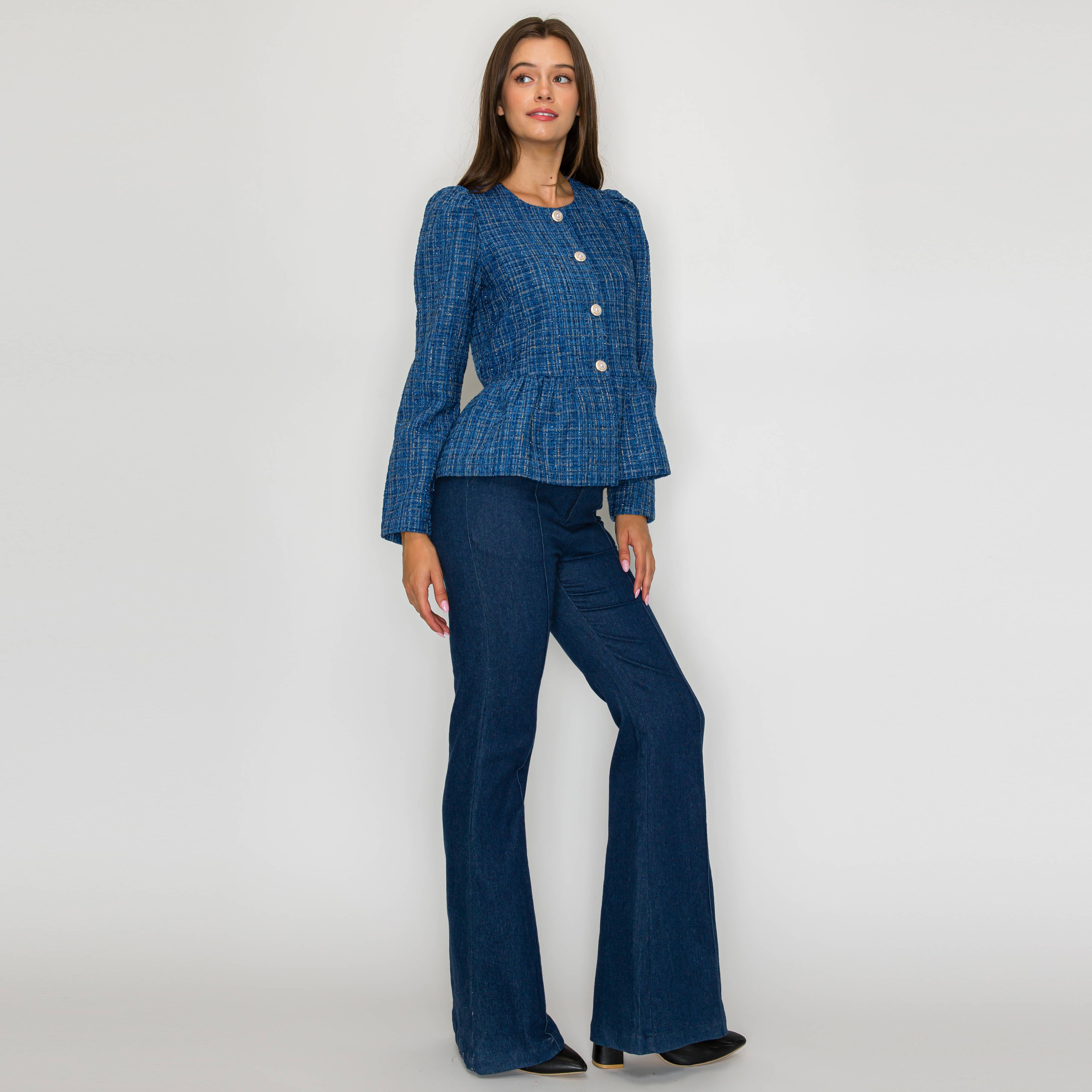 Classic Boucle Peplum Jacket in Denim Blue