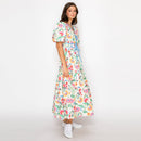 Summer Jacobean Flower Print Midi Dress Blue Binding-LWD2906
