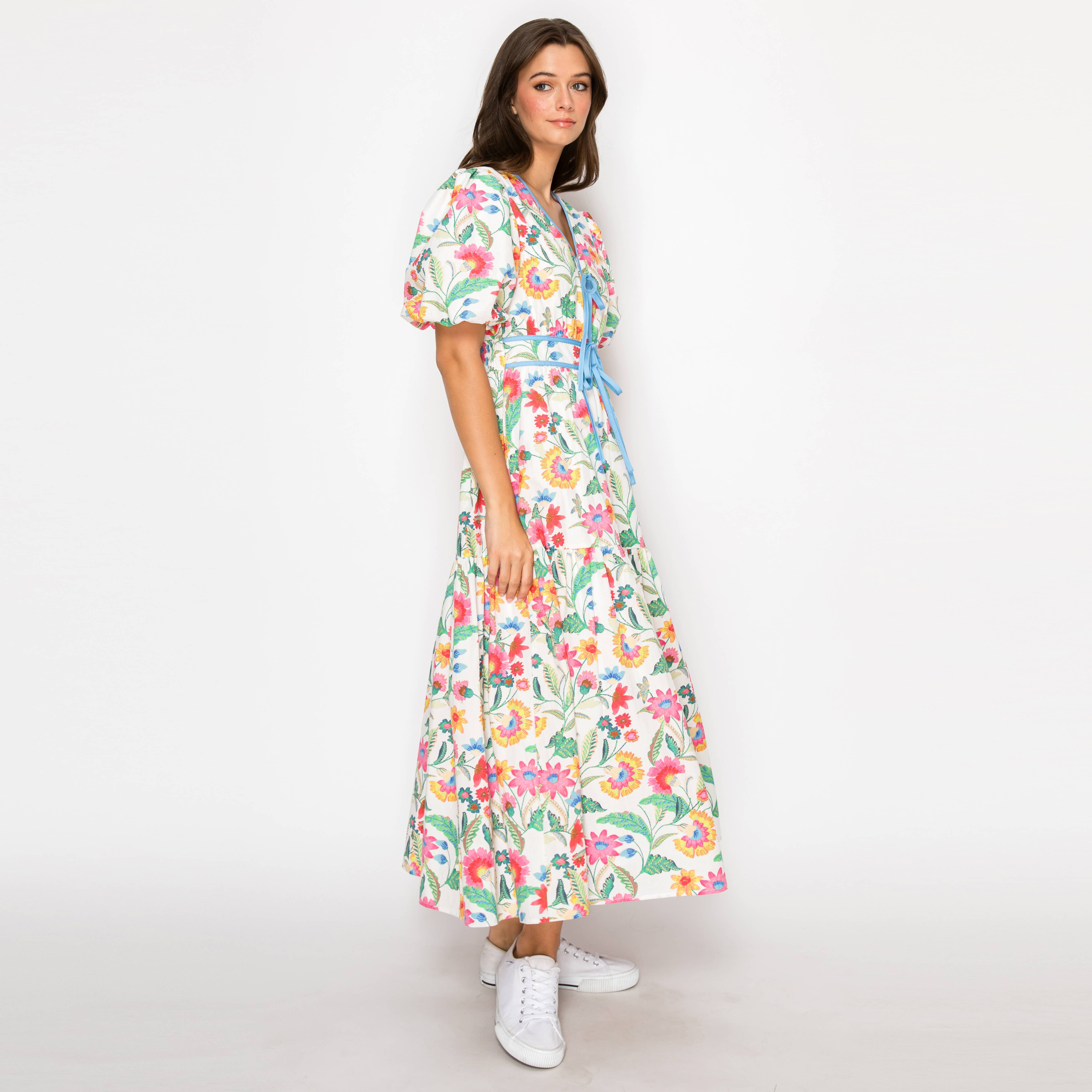 Summer Jacobean Flower Print Midi Dress Blue Binding-LWD2906