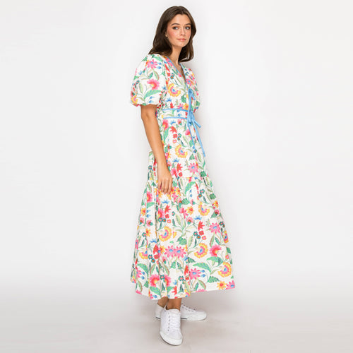 Summer Jacobean Flower Print Midi Dress Blue Binding-LWD2906