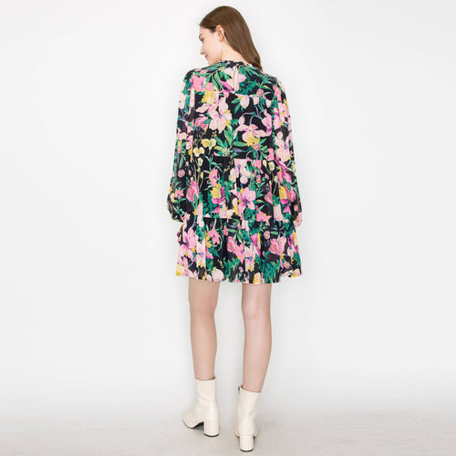 Black wild floral print mini dress