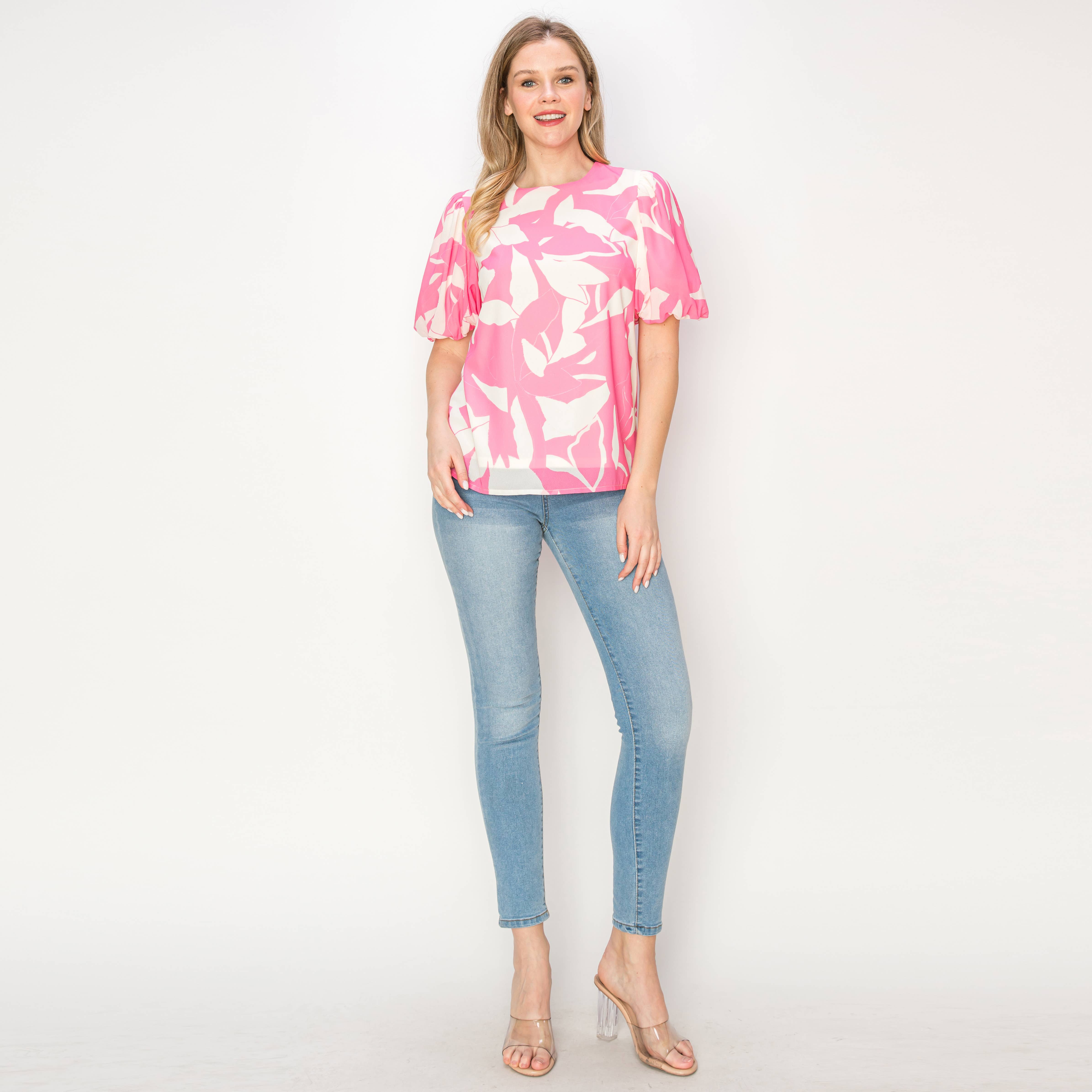 Print woven top with bubble sleeves
