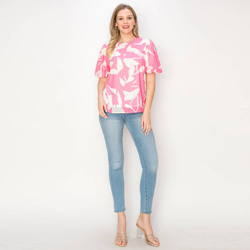 Print woven top with bubble sleeves