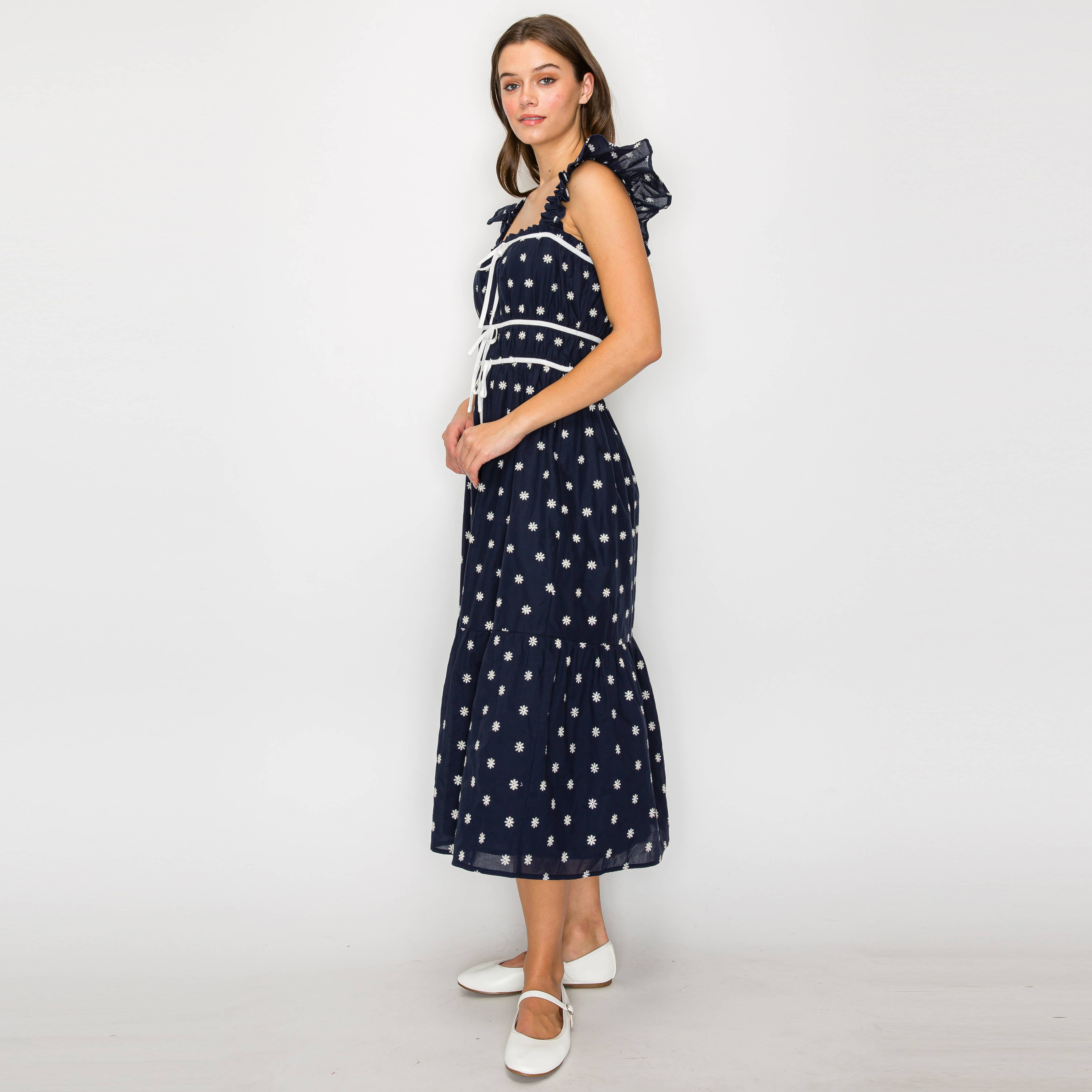 Navy Midi Dress with White Daisy Embroidery