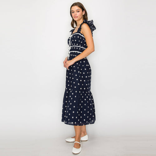 Navy Midi Dress with White Daisy Embroidery