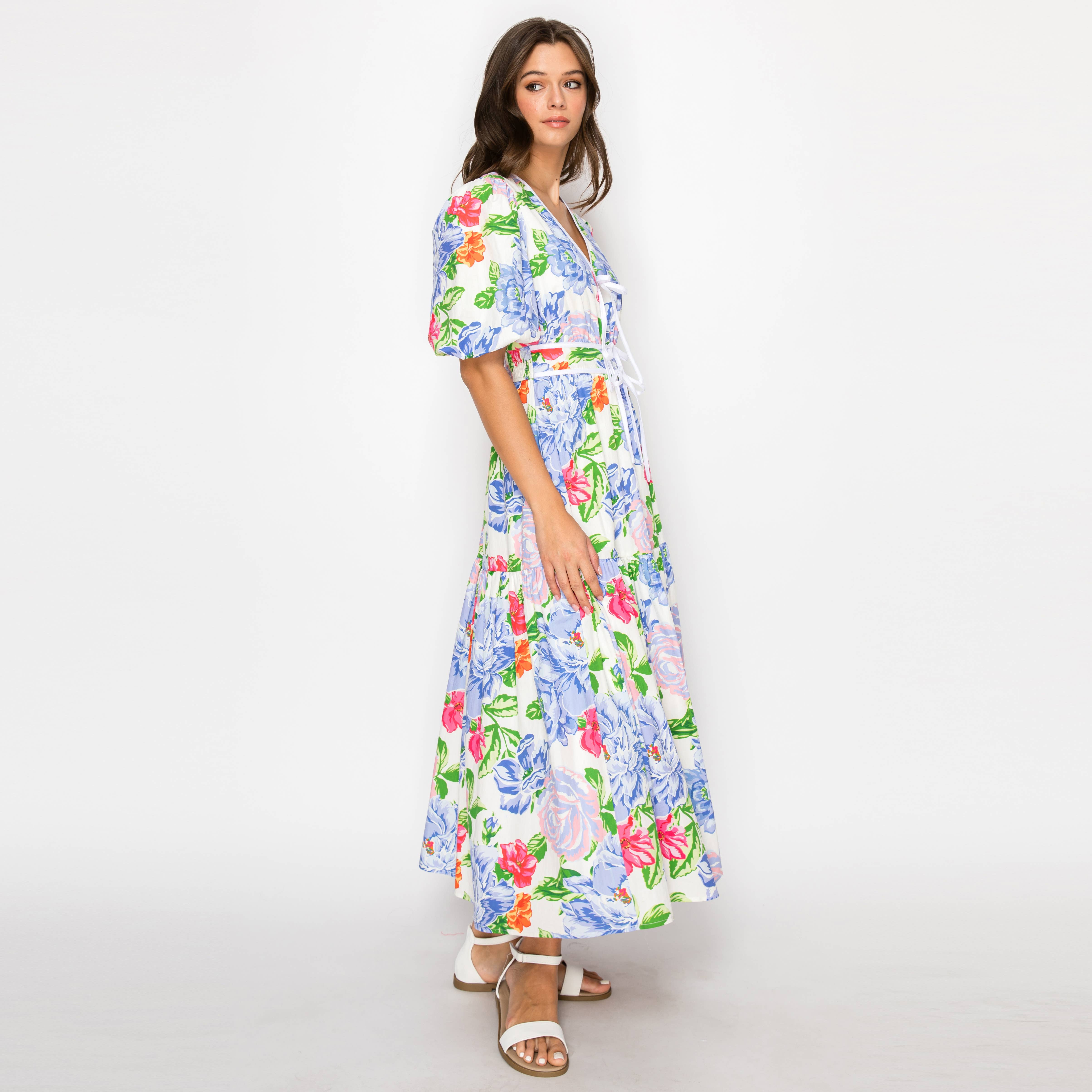 Blooming flowers Print Midi Dress With White Binding-LWD2894