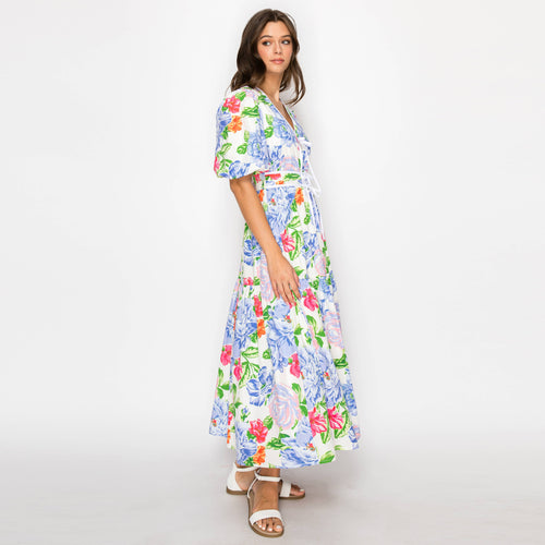 Blooming flowers Print Midi Dress With White Binding-LWD2894