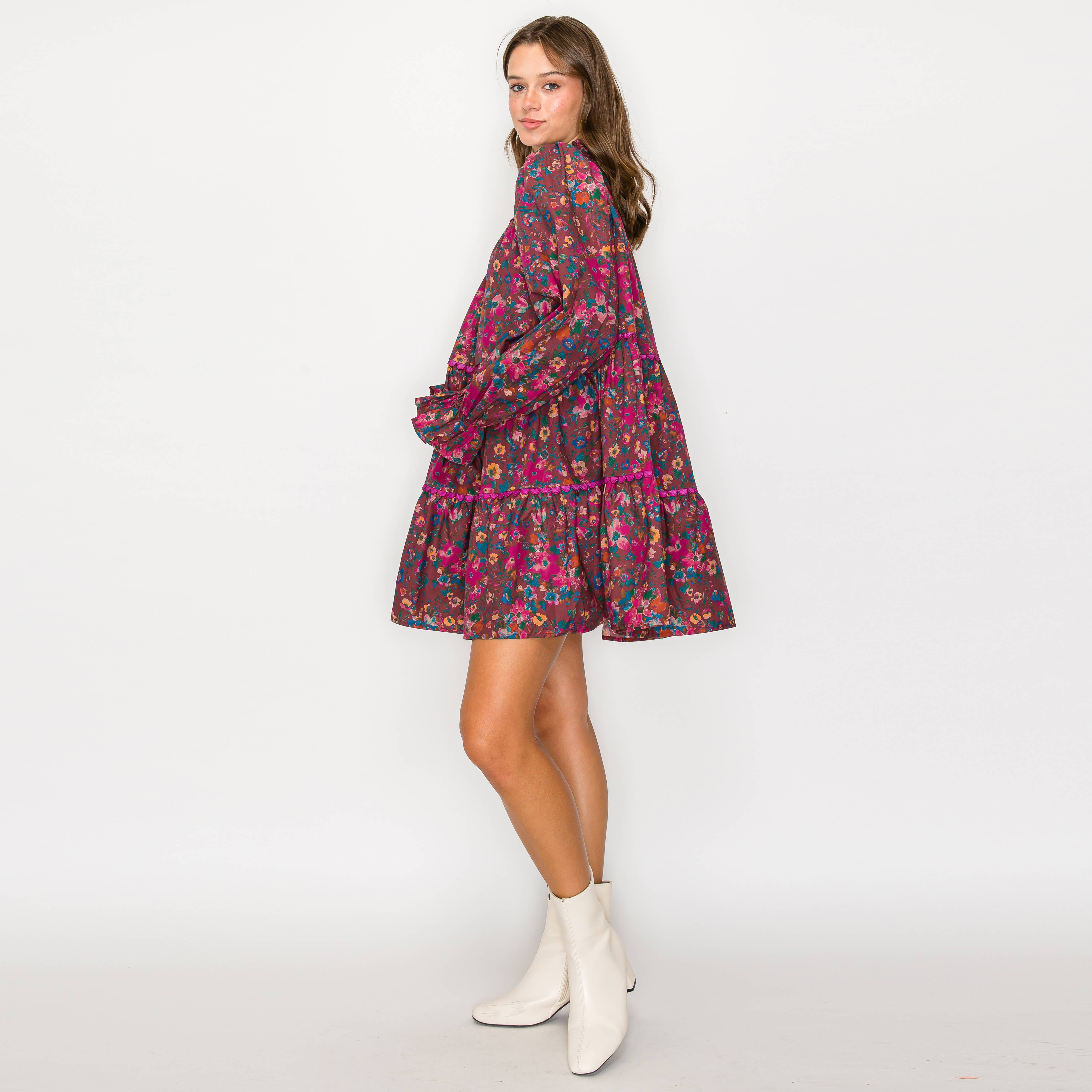Full Bloom Wild Flower Print Cotton Mini Dress