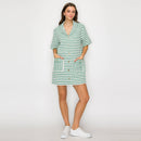 Green & White Stripe French Boucle Shirts Mini Dress-LWD2868
