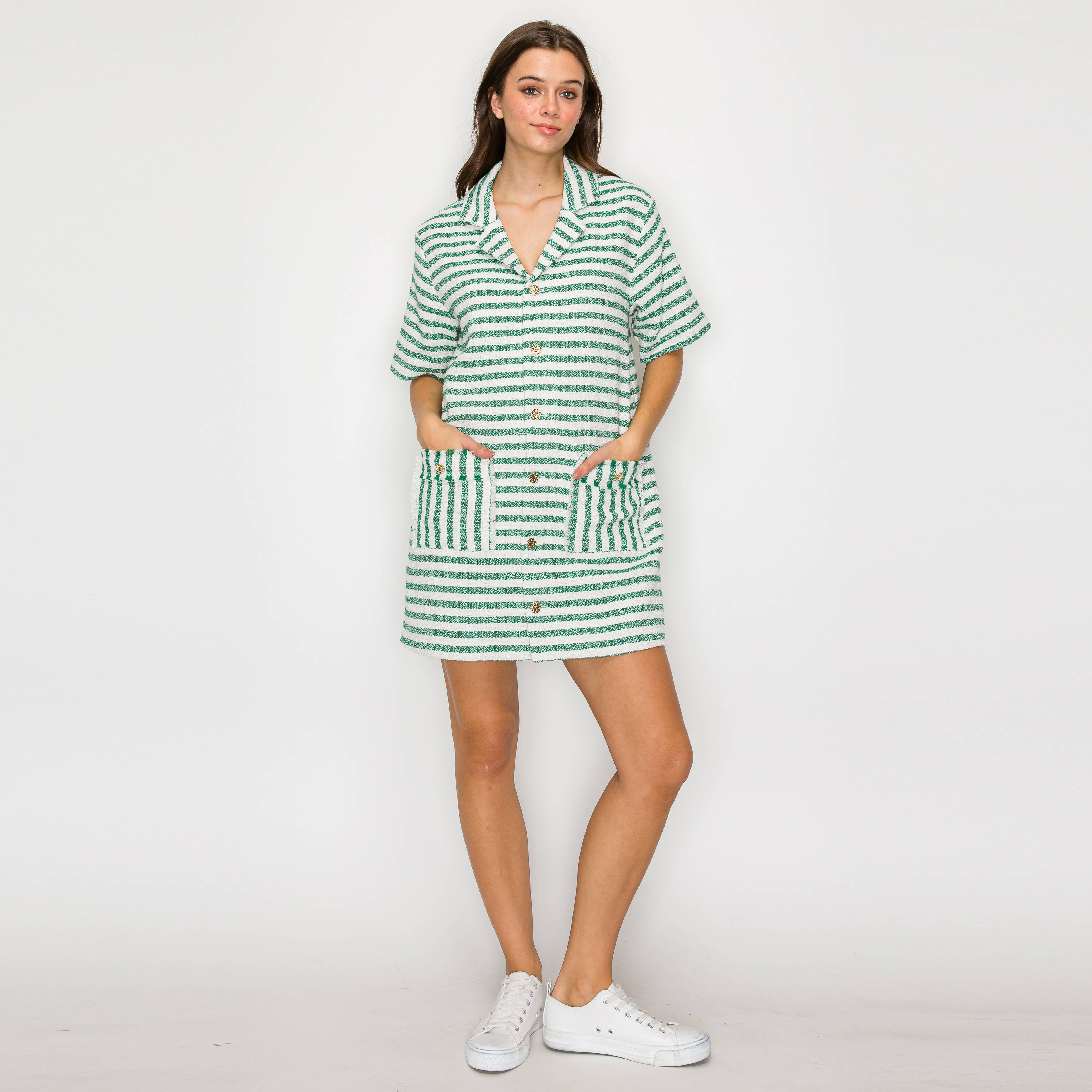 Green & White Stripe French Boucle Shirts Mini Dress-LWD2868