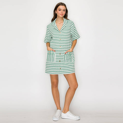 Green & White Stripe French Boucle Shirts Mini Dress-LWD2868