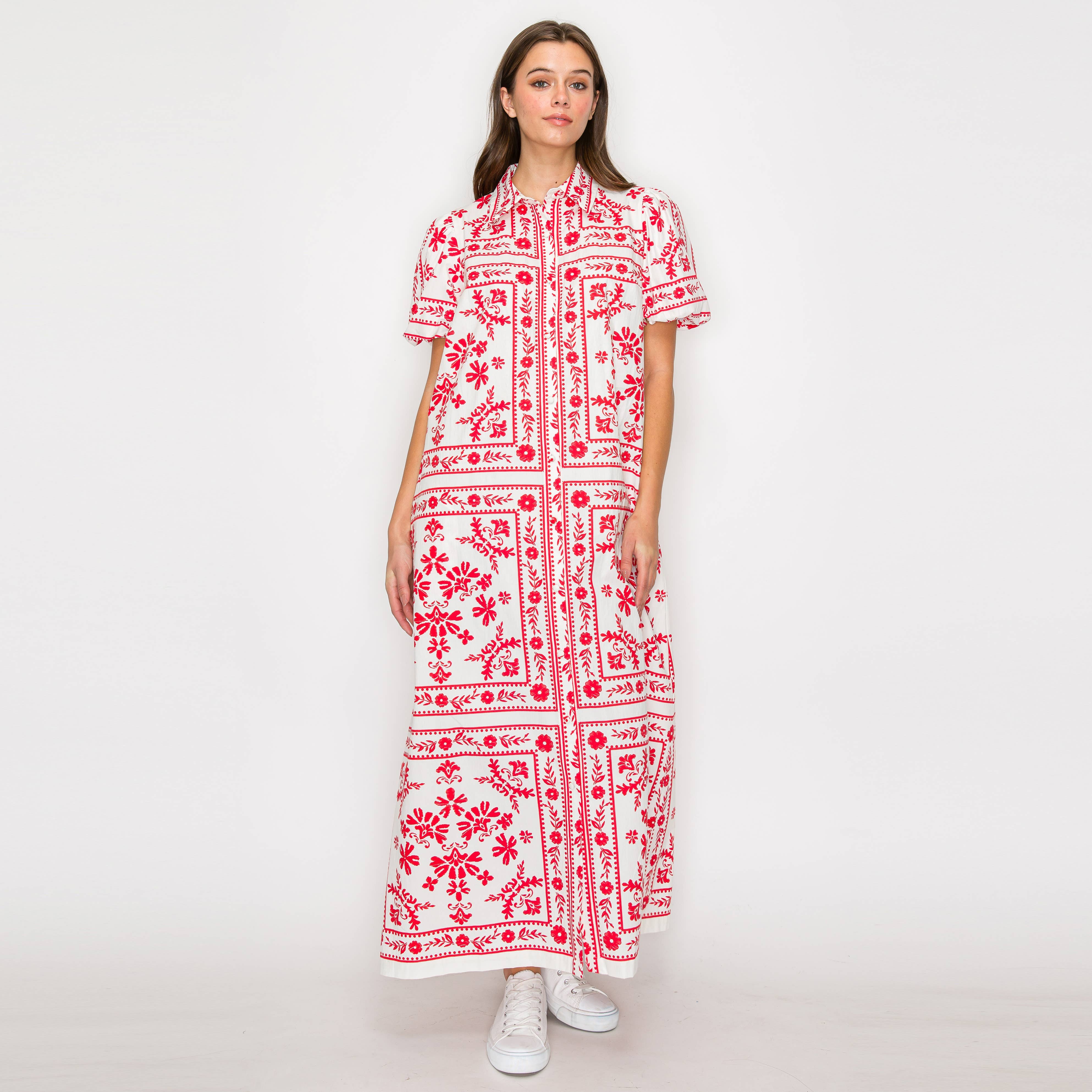 Red Bandana Print Shirts Maxi Dress