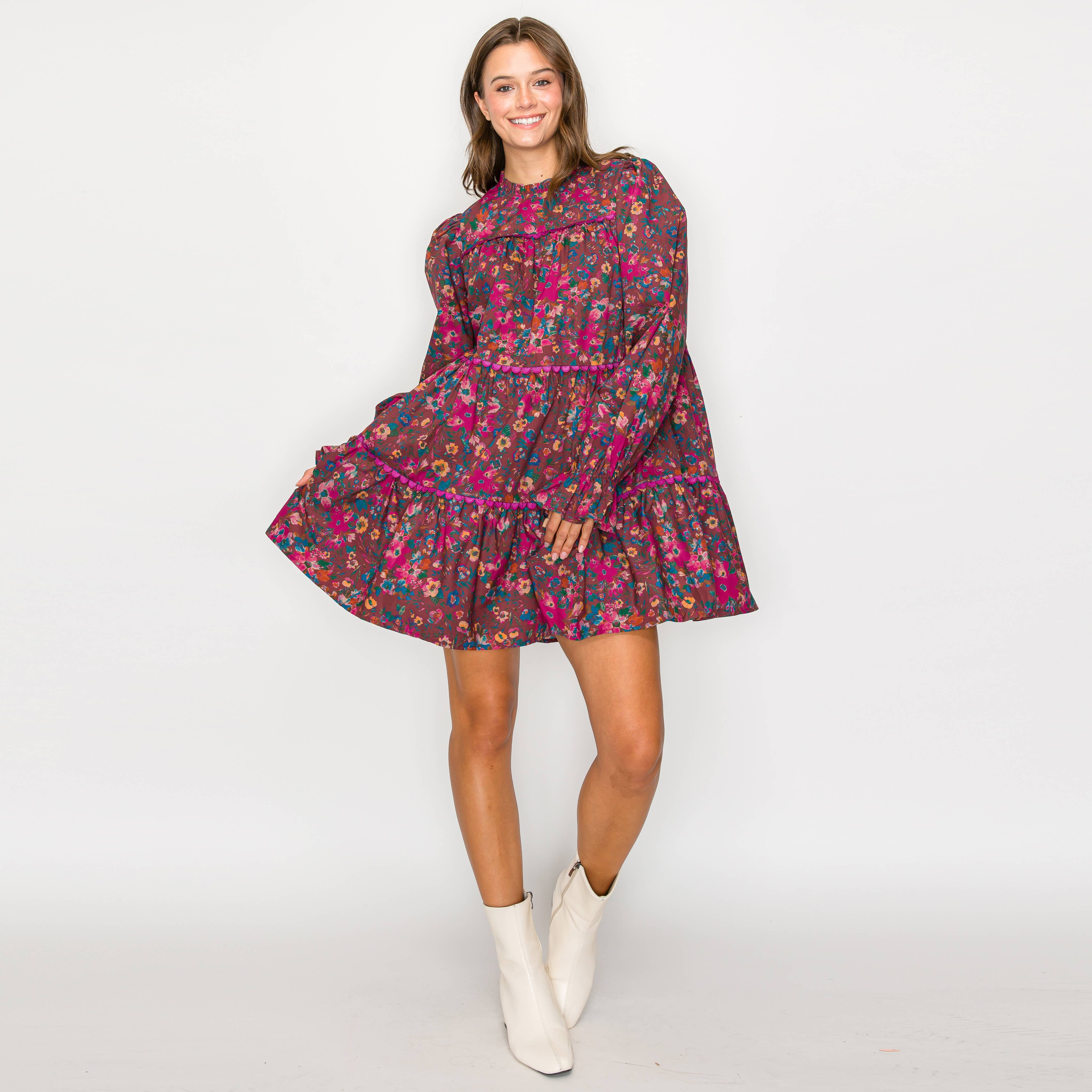 Full Bloom Wild Flower Print Cotton Mini Dress