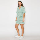 Green & White Stripe French Boucle Shirts Mini Dress-LWD2868