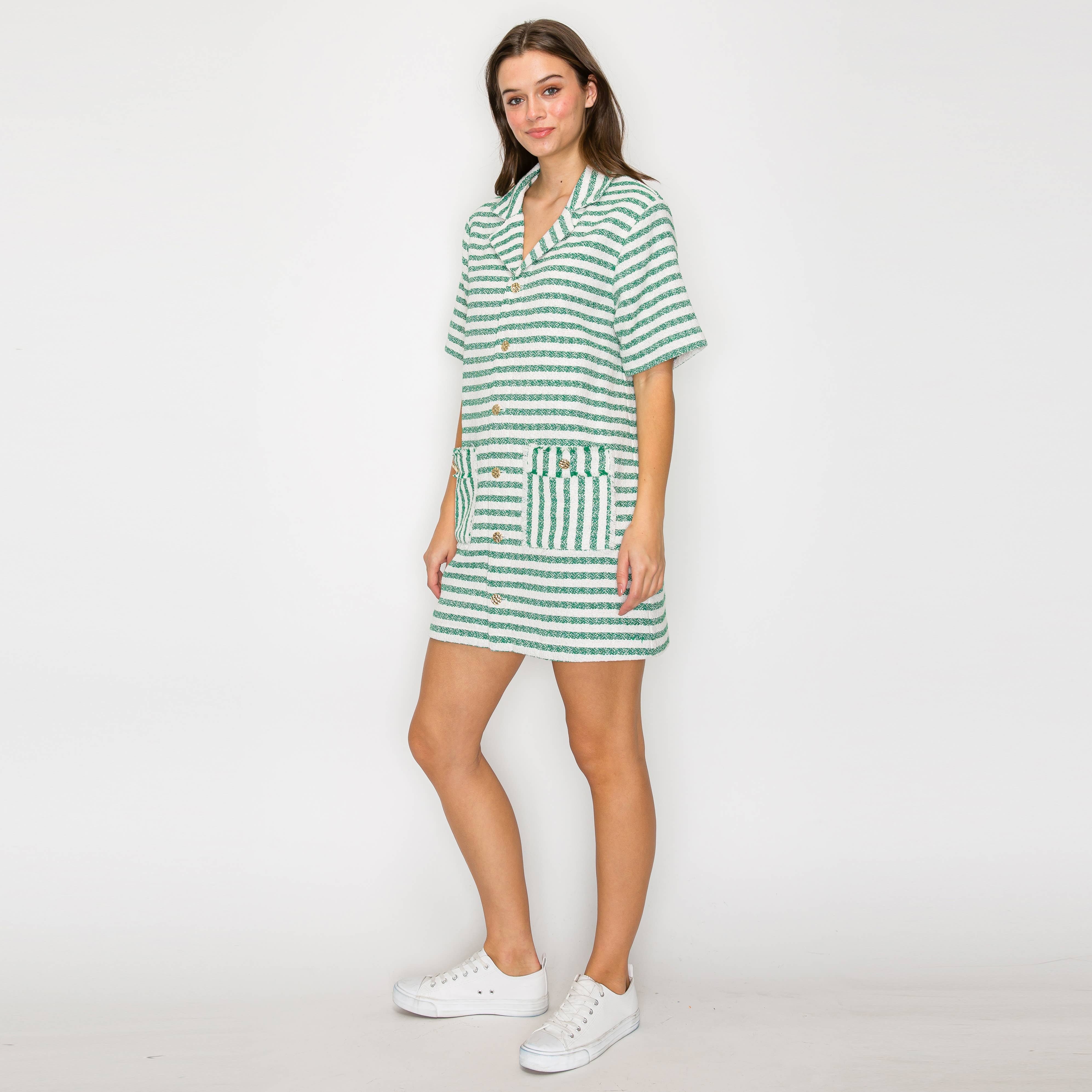 Green & White Stripe French Boucle Shirts Mini Dress-LWD2868