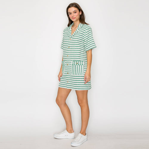 Green & White Stripe French Boucle Shirts Mini Dress-LWD2868