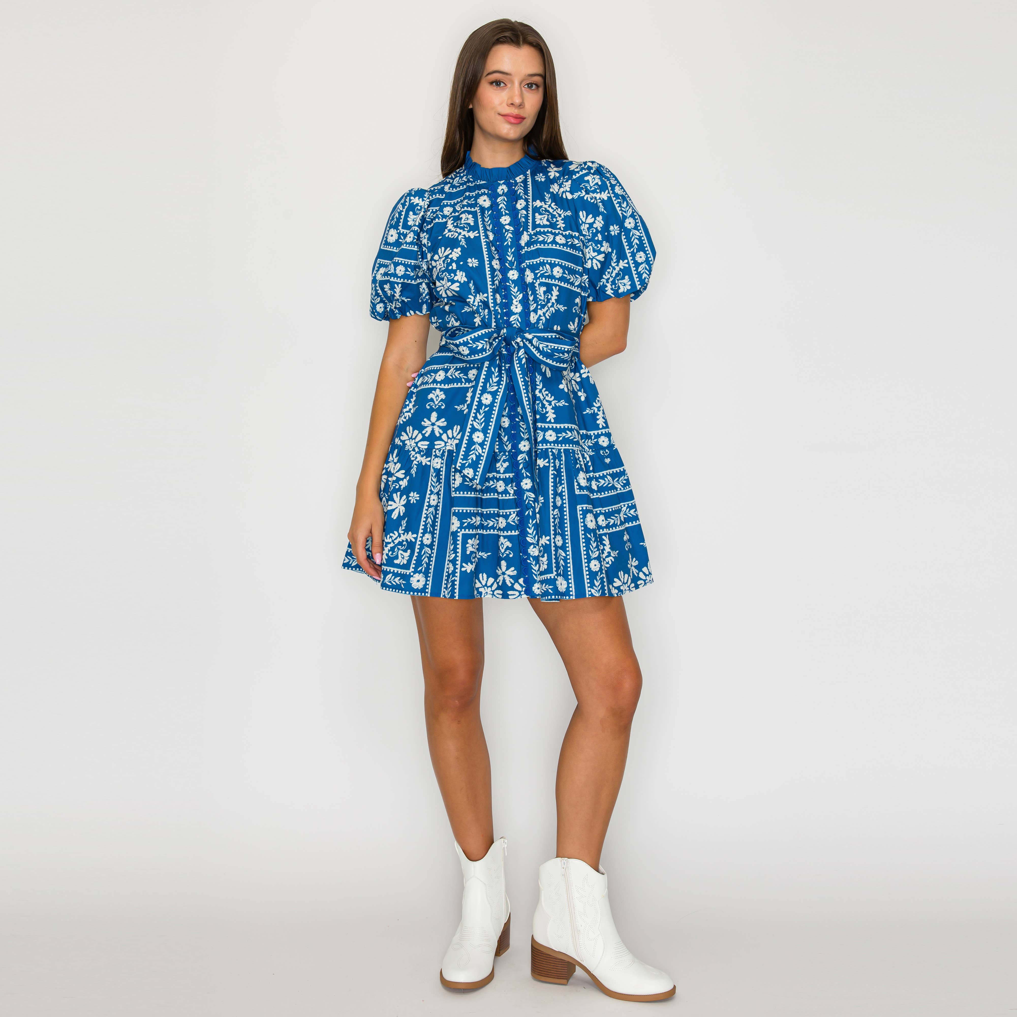 Denim Blue Bandana Print Cotton Mini Dress