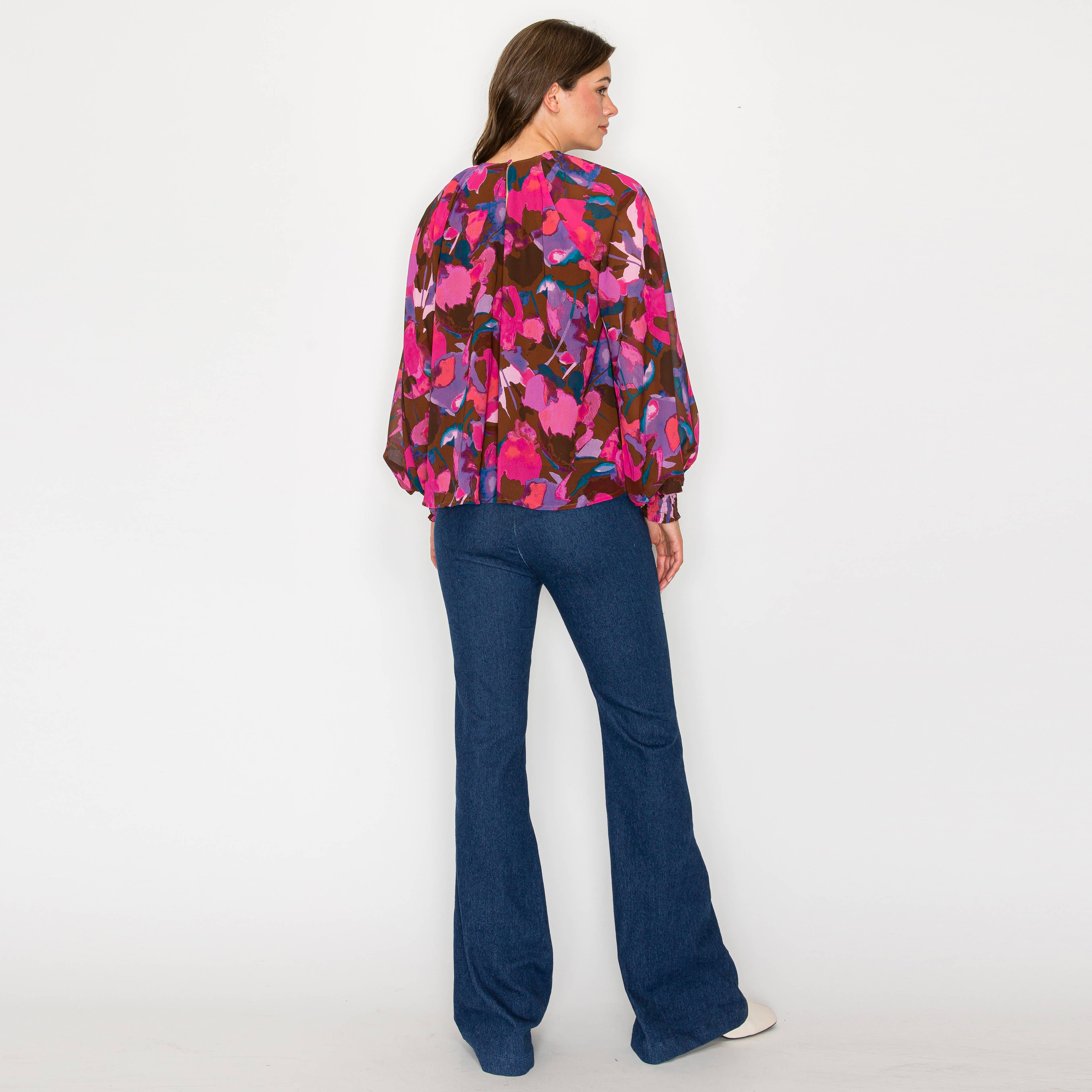 Pink in fall abstract print long sleeve blouse
