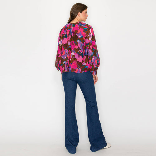 Pink in fall abstract print long sleeve blouse