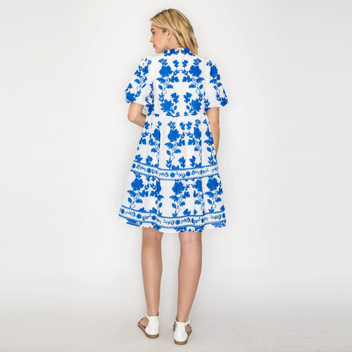 Blue Leaves Placement Print Mini Dress