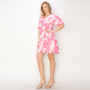 Print woven mini dress with bubble sleeves