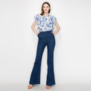 Print linen top with double ruffle sleeves
