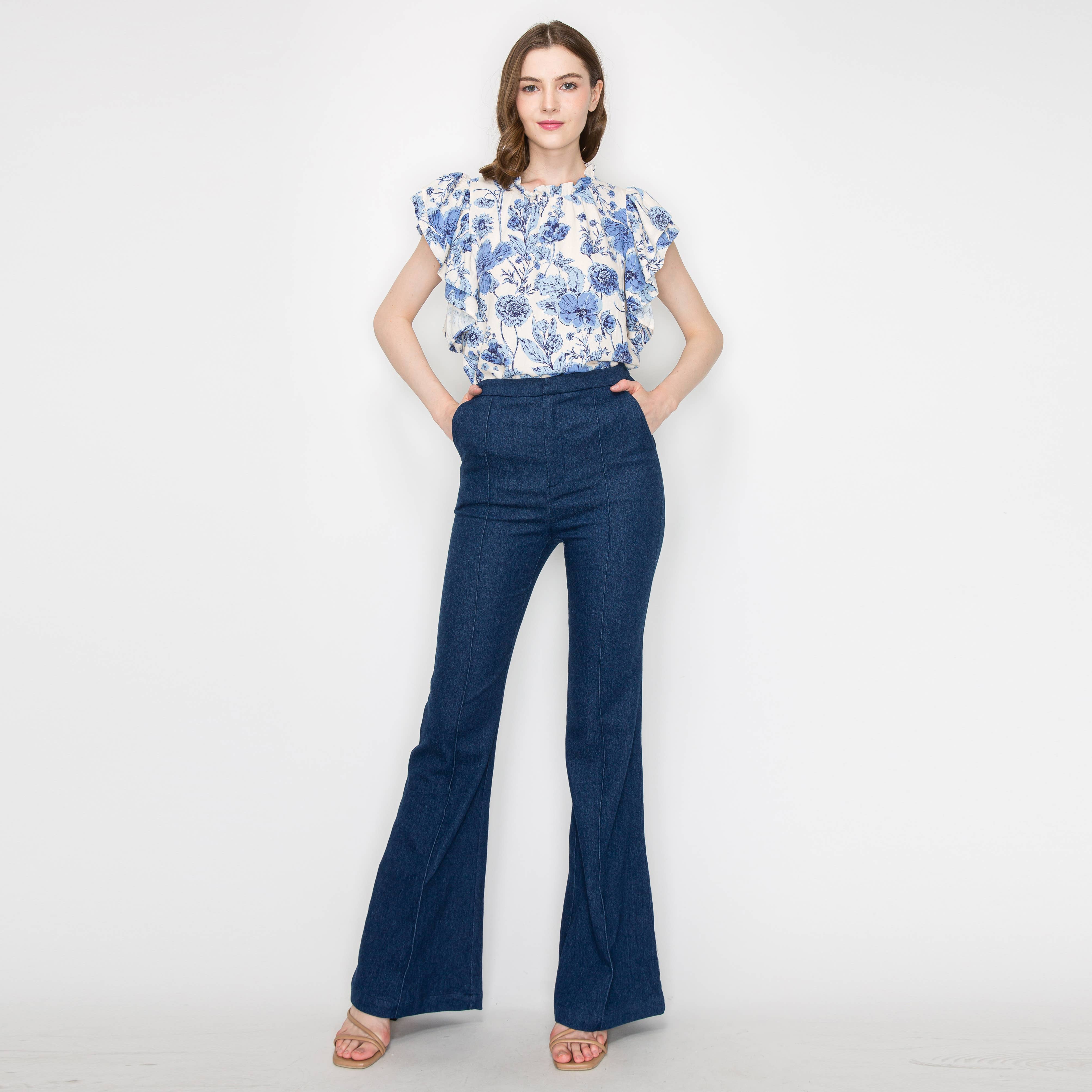 Print linen top with double ruffle sleeves