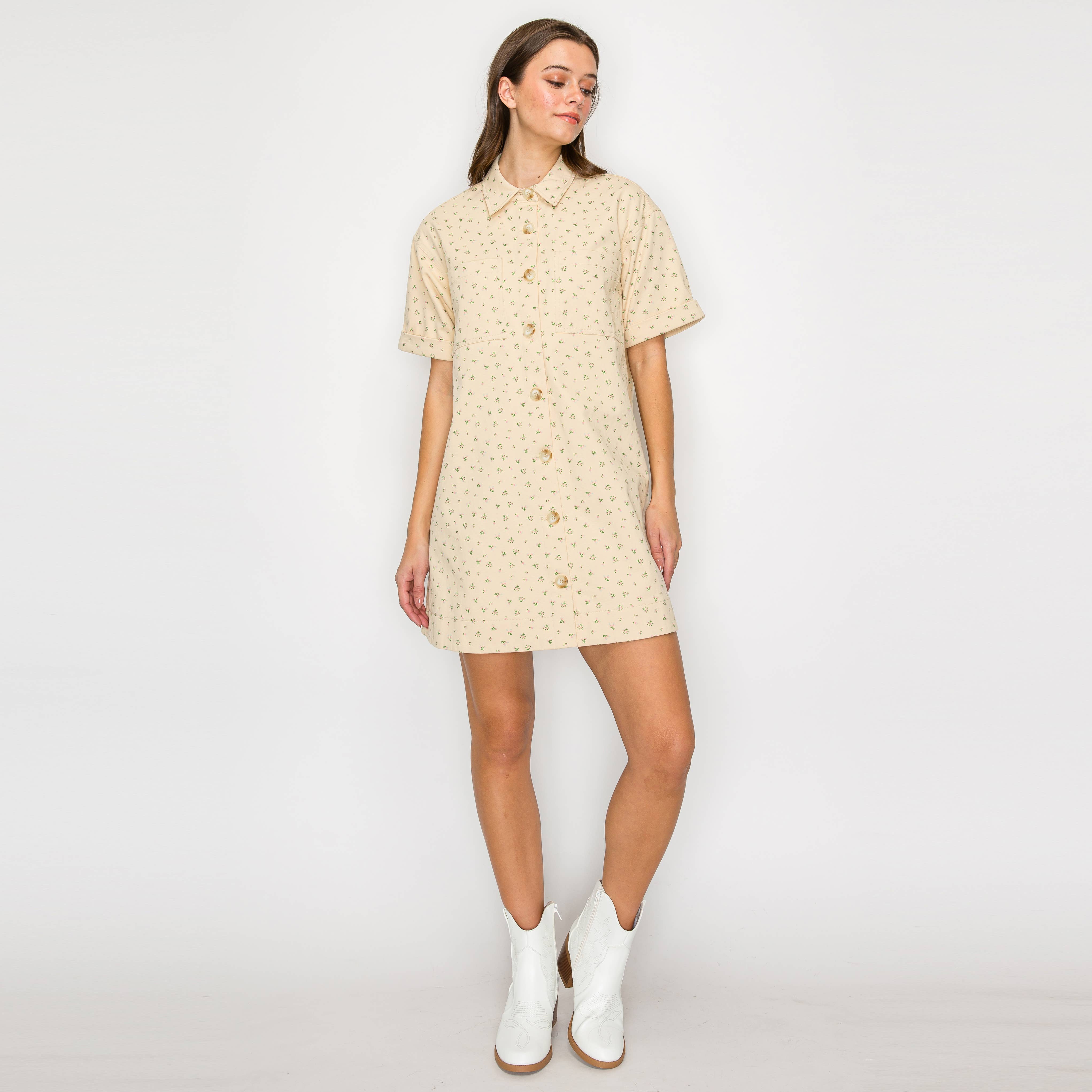 Little Wild Flower Print Twill Shirts Mini Dress