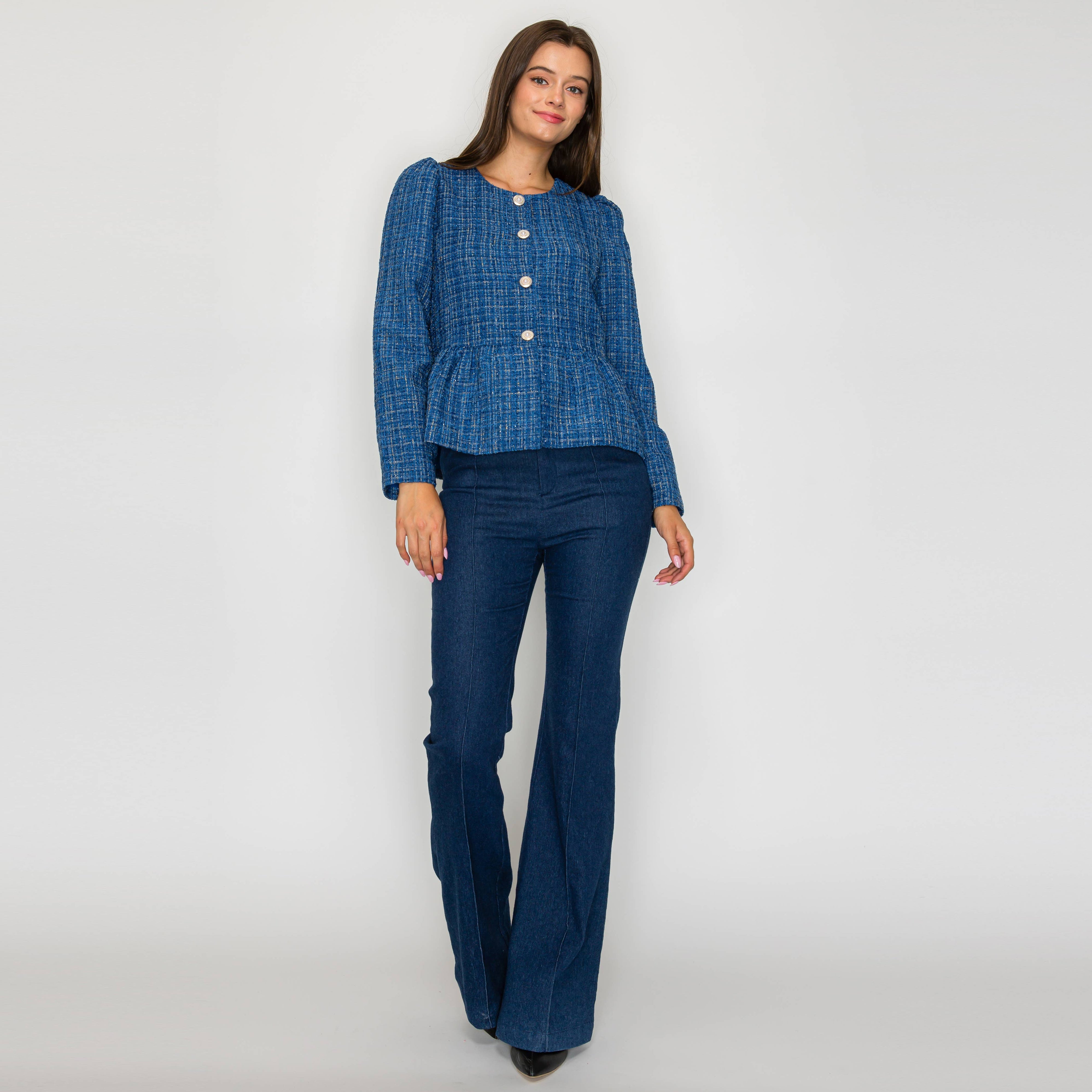 Classic Boucle Peplum Jacket in Denim Blue