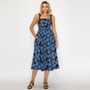 Denim Flower Jacquard Midi Dress with Flower patch